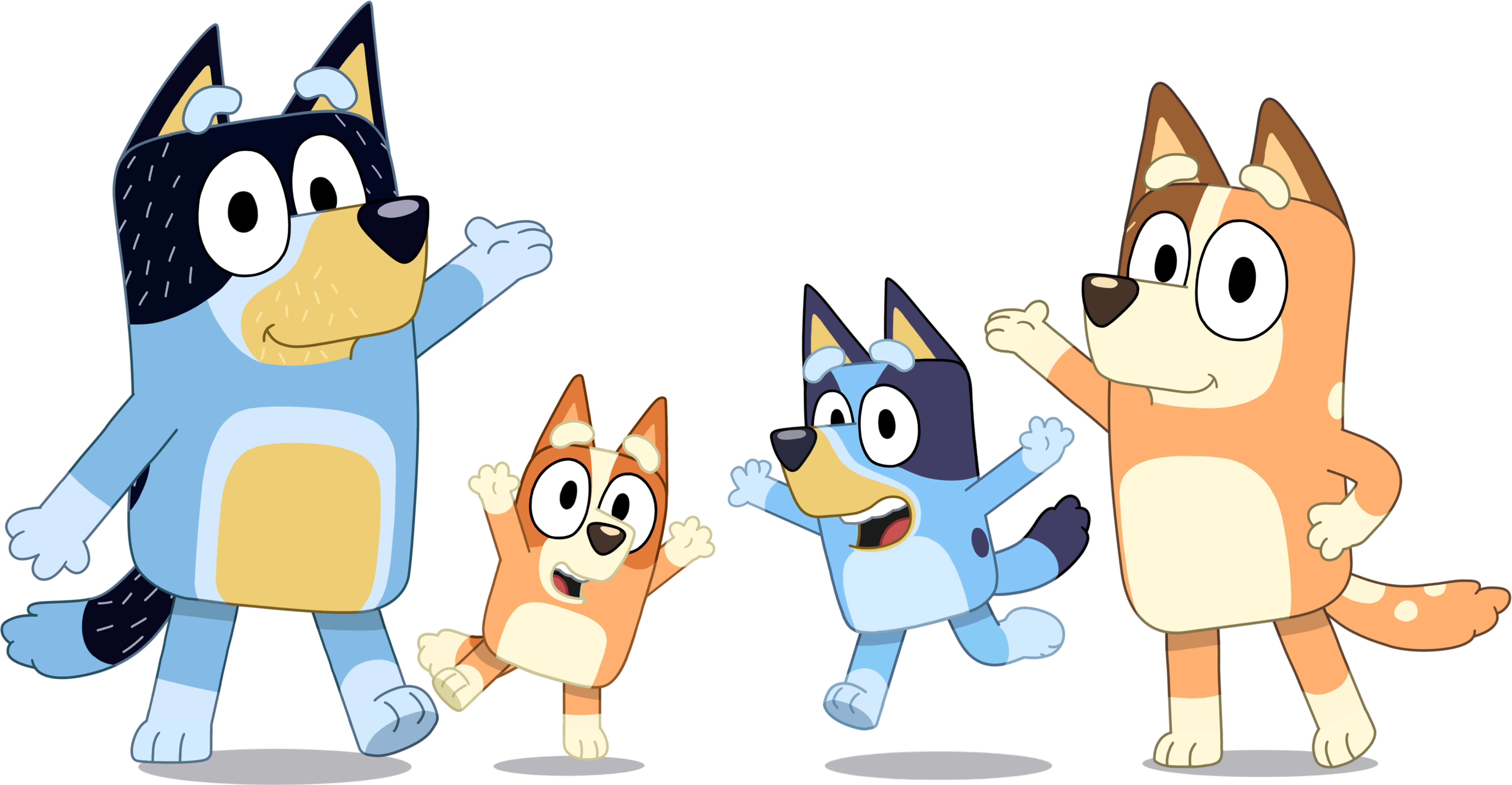 The Heeler Family! From left to right, Bandit, Bingo, Bluey, and Chilli, all striking a pose forwards towards the camera.