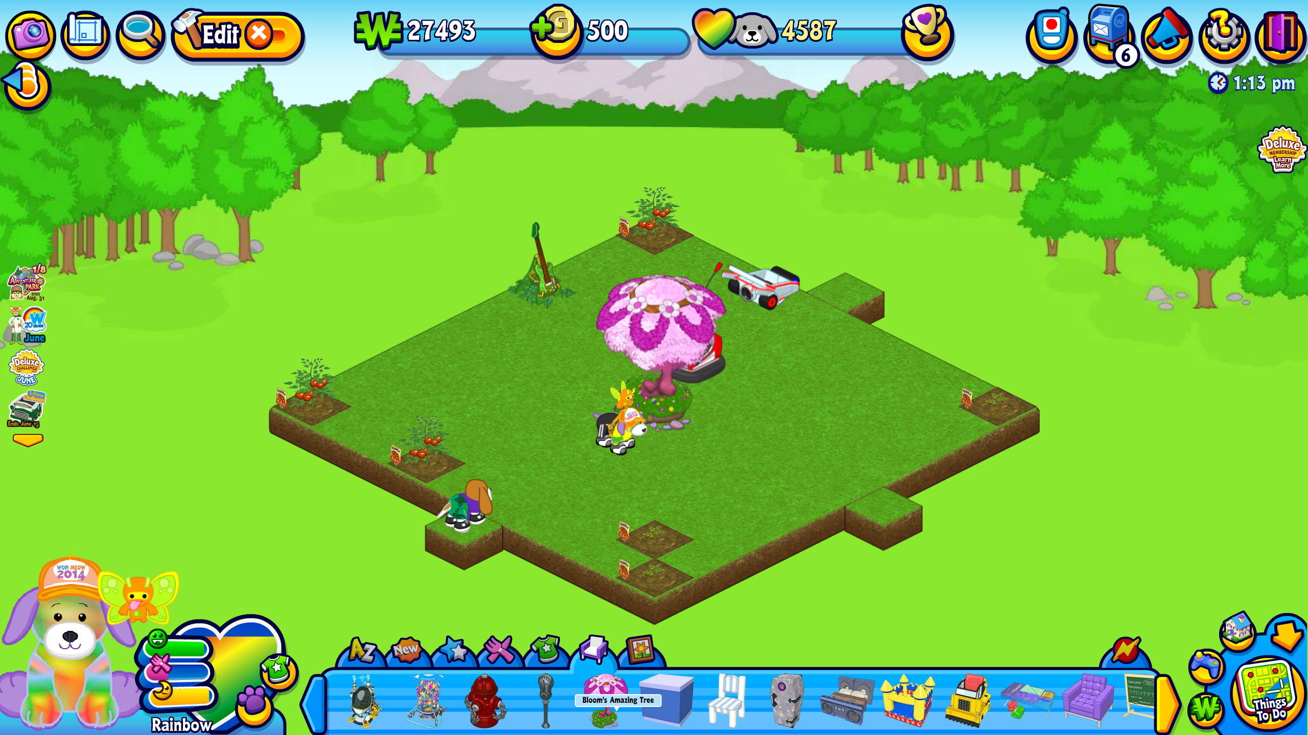 an outdoor Webkinz room with a large pink and purple tree in the center of the room. the same tree is in the dock, labeled with a tooltip "Bloom's Amazing Tree"