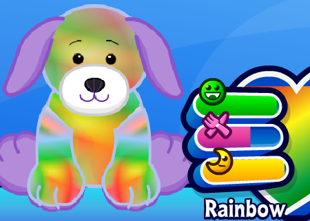 A screenshot of the modern Webkinz Classic game, showing a Tie Dyed Puppy named Rainbow. The heart meter is nearly full, the happiness meter is full, the food meter is slightly over half full, and the sleep meter is just under full.