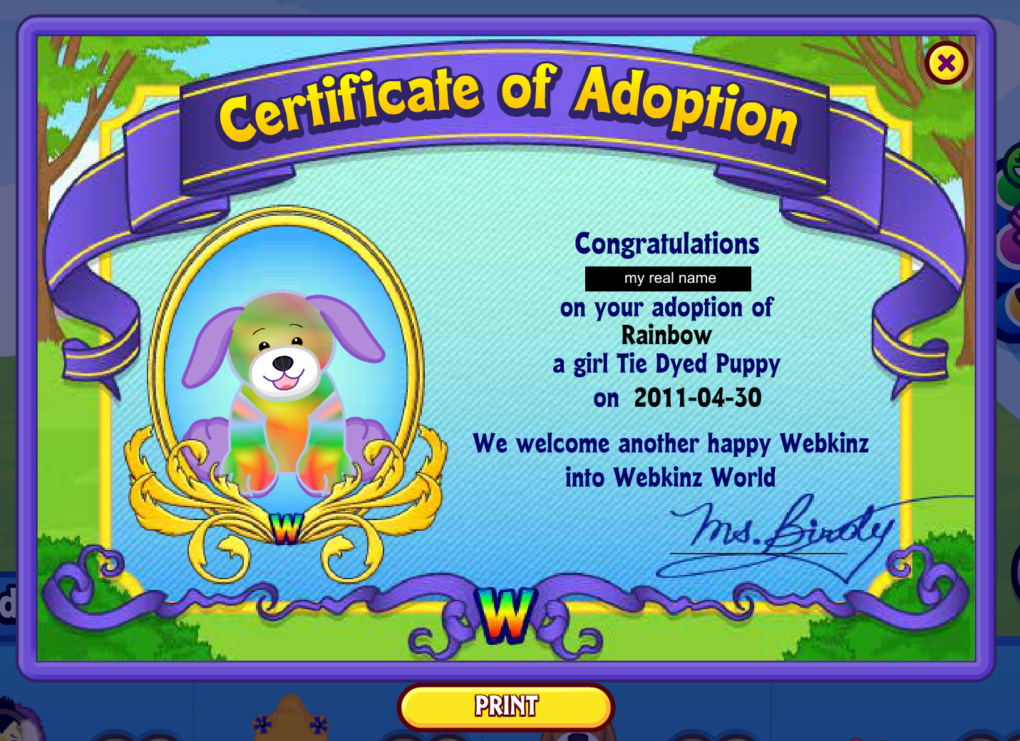 Certificate of Adoption: Congratulations [my real name] on your adoption of Rainbow, a girl Tie Dyed Puppy on 2011-04-30. We welcome another happy Webkinz into Webkinz World